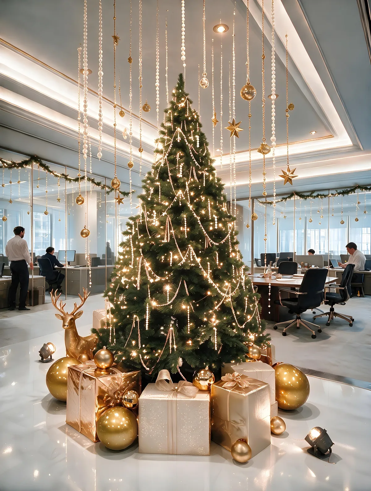 Tall lit tree with gold gifts and hanging pearl drops in an open-plan office