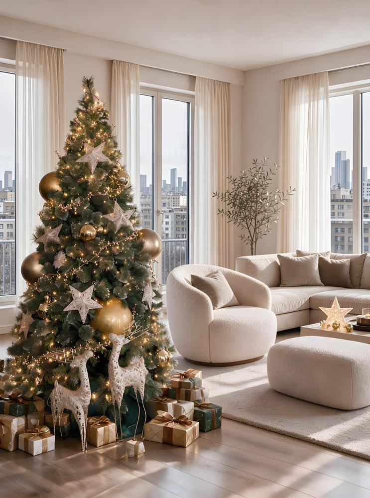 Gold and green tree beside a sofa in a bright living room