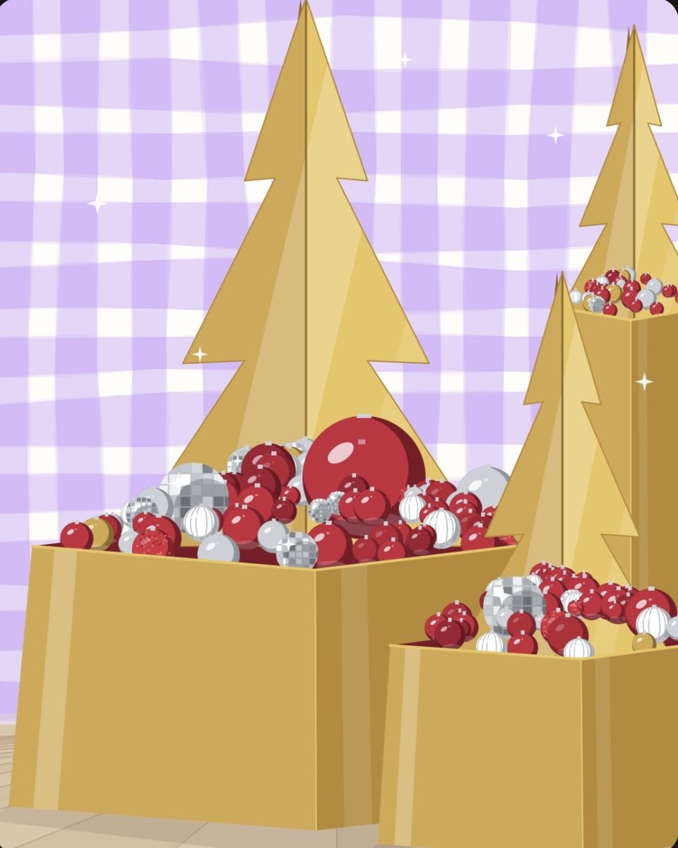 Illustrated proposal: mirror-gold trees in planters of red and silver baubles on a lavender gingham backdrop
